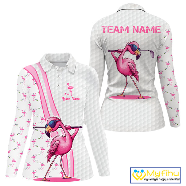 Funny Womens golf polo shirt custom pink and white flamingo pattern white golf shirts NQS8610