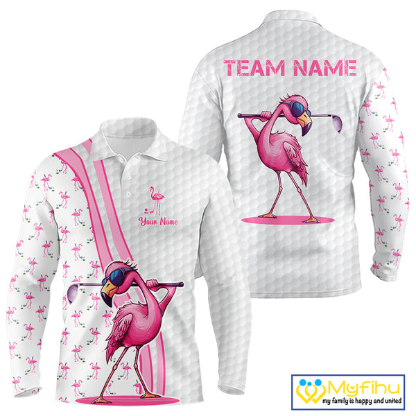 Funny Mens golf polo shirt custom pink and white flamingo pattern white golf shirts NQS8610