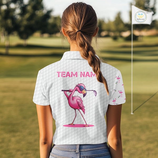 Funny Womens golf polo shirt custom pink and white flamingo pattern white golf shirts NQS8610