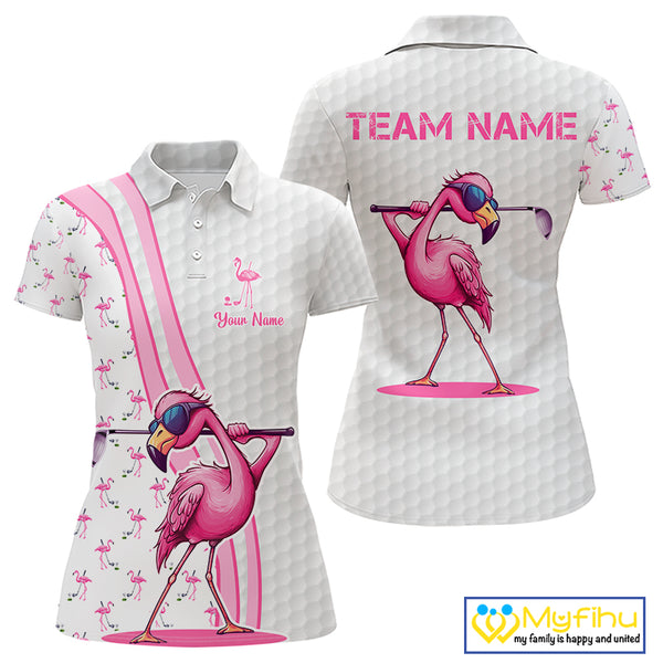 Funny Womens golf polo shirt custom pink and white flamingo pattern white golf shirts NQS8610