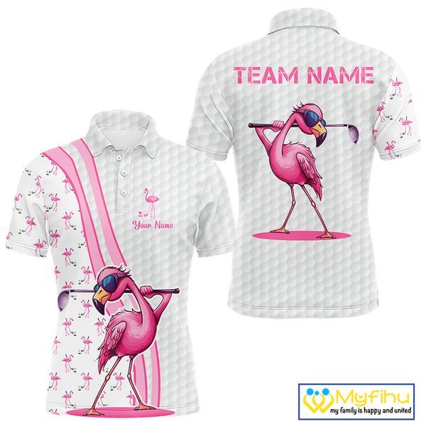 Funny Mens golf polo shirt custom pink and white flamingo pattern white golf shirts NQS8610