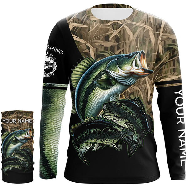 Bass fishing green scales camo personalized sun protection long sleeve fishing shirts NQS3755