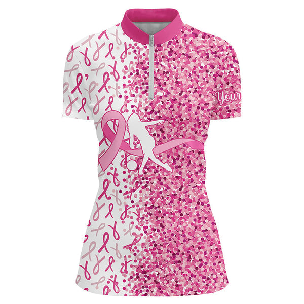 Pink glitter ribbon Bowling Shirts For Women Custom Breast cancer bowling shirts gift for bowlers NQS8261