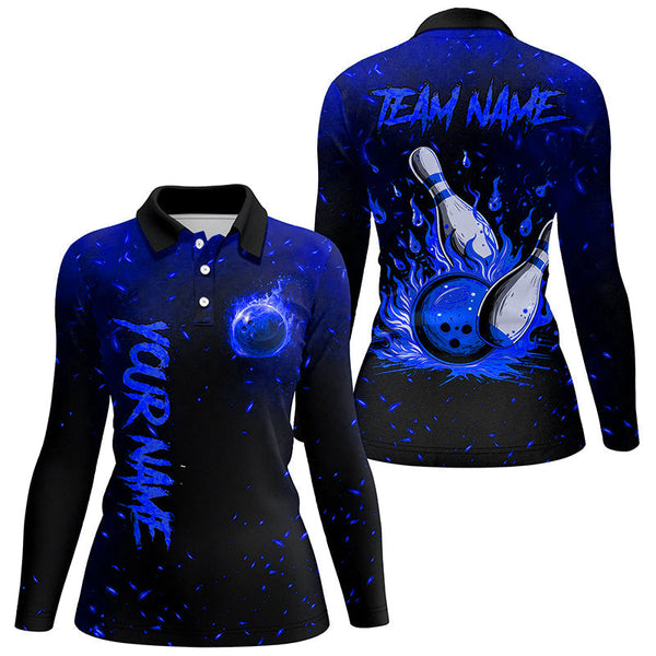 Blue Flame Bowling Jerseys For Women Custom Bowling Polo, Quarter-Zip Shirt for Team, Gift for Bowlers NQS8467
