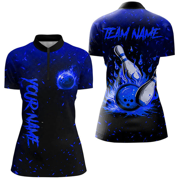 Blue Flame Bowling Jerseys For Women Custom Bowling Polo, Quarter-Zip Shirt for Team, Gift for Bowlers NQS8467