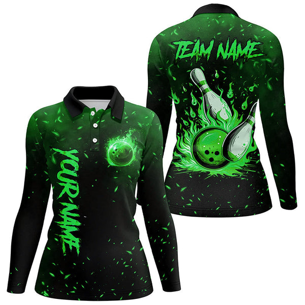 Green Flame Bowling Jersey For Women Custom Bowling Polo, Quarter-Zip Shirt for Team, Gift for Bowlers NQS8468