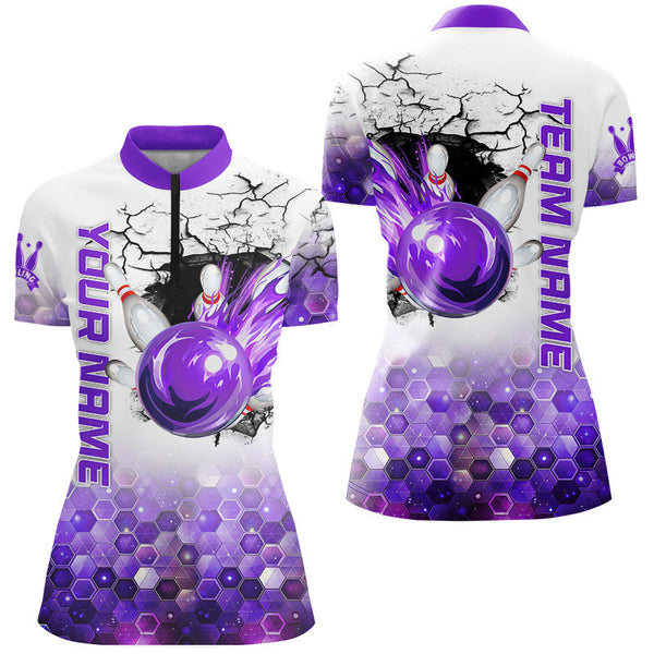 Womens Bowling Polo, Quarter Zip Shirts Custom Bowling Team League Jerseys, Bowling Uniform | Purple NQS8721