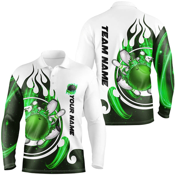 White Mens bowling shirts Custom green flame bowling ball and pins Jerseys polo, quarter zip shirts NQS7635