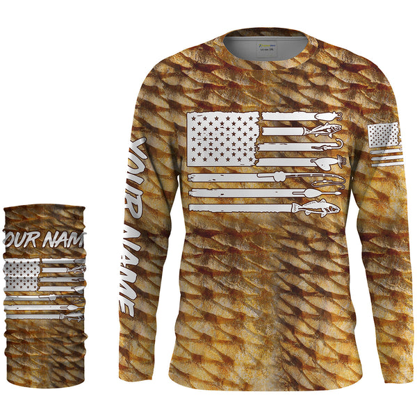 Redfish puppy drum Fishing American flag patriotic Customize Name long sleeves fishing shirts UPF 30+ NQS2220
