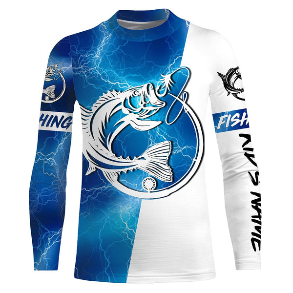 Bass Fishing tattoo blue lightning Customized Name Fishing jerseys performance apparel NQS2644