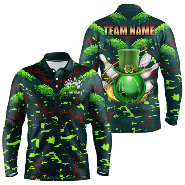Personalized Green Camo Bowling Polo, 1/4 Zip shirts for Men custom St Patrick Day Bowling Team Jersey NQS9547