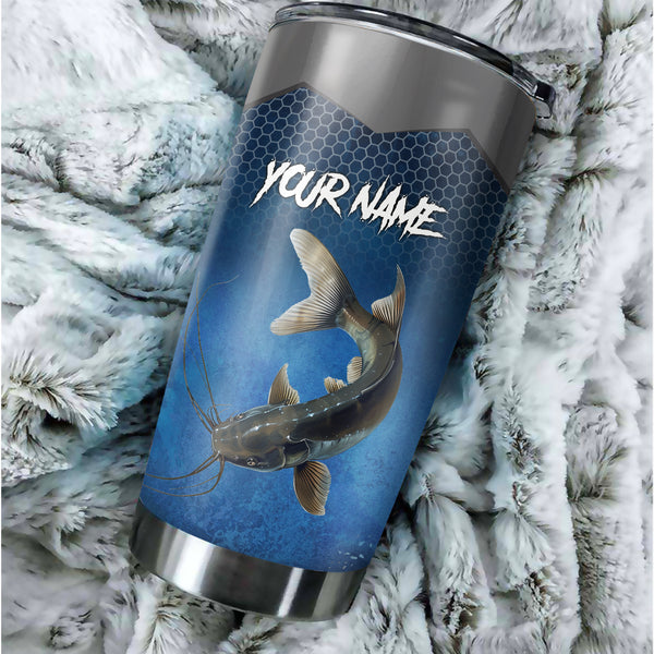 1PC Blue camo Catfish Fishing Customize Stainless Steel Tumbler Cup, Personalized fishing gift NQS9876