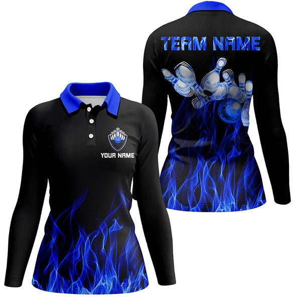 Blue flame Womens bowling polo shirt black Bowling Jerseys Personalized Bowling Team Shirts NQS5488