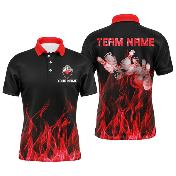 Personalisiertes Herren-Bowlinghemd, roter Flammen-Bowlingball und Kegel, Bowlingtrikots für Bowler NQS5488