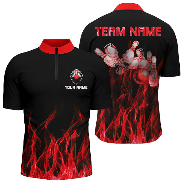 Personalisiertes Herren-Bowlinghemd, roter Flammen-Bowlingball und Kegel, Bowlingtrikots für Bowler NQS5488