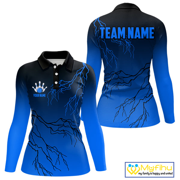 Black and Blue gradient Lightning thunder storm Bowling shirts for Women Custom Bowling Team Jerseys NQS10135