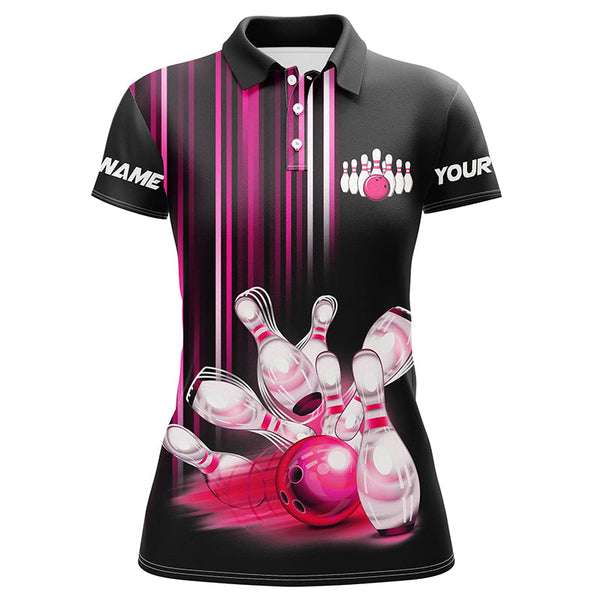 Black and pink light Women bowling Polo, Quarter Zip Shirt Custom bowling ball and pins Team jerseys NQS8067