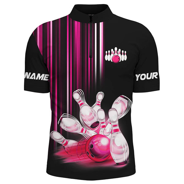Black and pink light Men bowling Polo, Quarter Zip Shirt Custom bowling ball and pins Team jerseys NQS8067