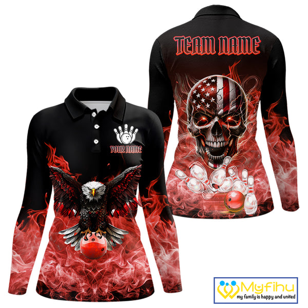 Red Flame Smoke American Flag Eagle Skull Women Bowling Shirts Custom Patriotic Bowling Team Jersey NQS10279