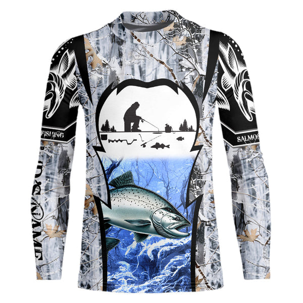 Salmon ice fishing Winter camo custom unisex Long sleeve fishing shirts, Ice fishing Salmon jerseys NQS9191