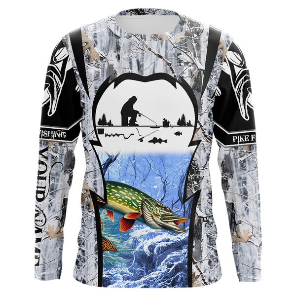 Northern Pike ice fishing Winter camo custom unisex Long sleeve fishing shirt, Ice fishing Pike jersey NQS9192