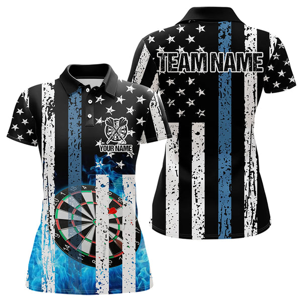 Blue Flame Dart Board Black and White American Flag Custom Team Dart Polo, Quarter Zip Shirt For Women NQS9201