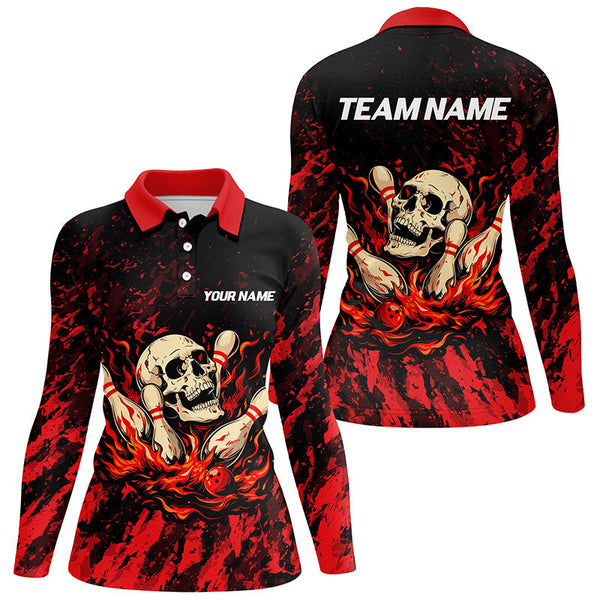 Red Camo Skull Flame Bowling Polo, 1/4 Quarter Zip Shirts For Women, Custom Name Bowling Team Jerseys NQS7851
