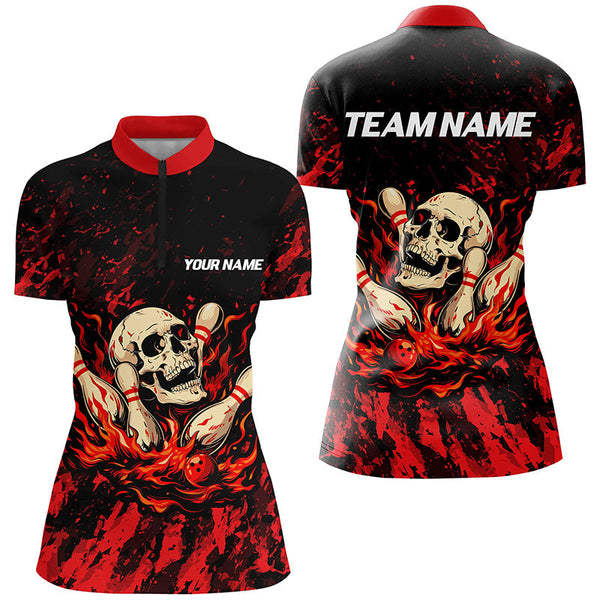 Red Camo Skull Flame Bowling Polo, 1/4 Quarter Zip Shirts For Women, Custom Name Bowling Team Jerseys NQS7851