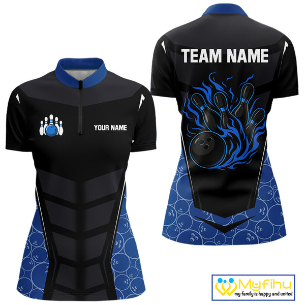 Black and Blue Camo Flame Women Bowling Polo, quarter zip shirts Custom team bowling league jersey NQS10150