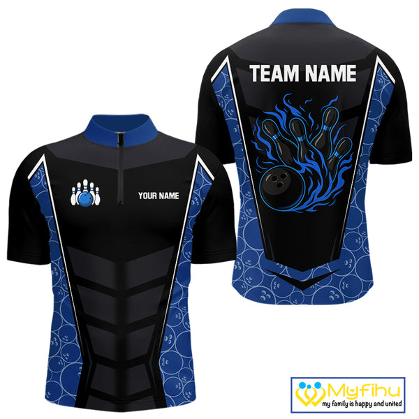Black and Blue Camo Flame Mens Bowling Polo, quarter zip shirts Custom team bowling league jersey NQS10150