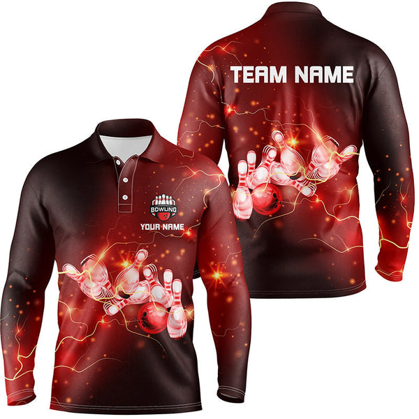 Mens Bowling Polo Shirts Custom Red flashes of lightning thunder bowling team Mens Bowler Jerseys NQS6637