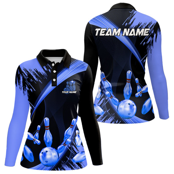 Personalized Black and Blue Bowling Polo, Quarter Zip Shirts For Women Custom Bowling Team Jersey NQS9723
