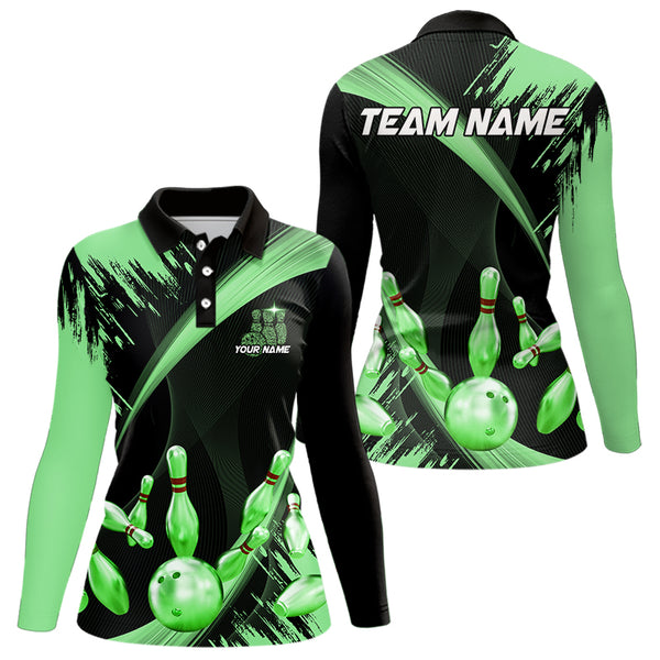 Personalized Black and Green Bowling Polo, Quarter Zip Shirts For Women Custom Bowling Team Jersey NQS9724