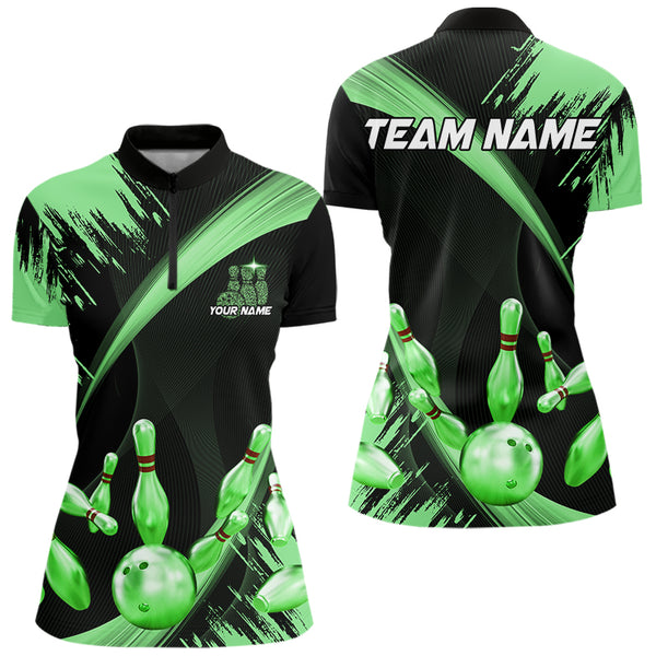 Personalized Black and Green Bowling Polo, Quarter Zip Shirts For Women Custom Bowling Team Jersey NQS9724