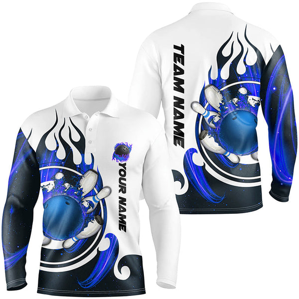 White Bowling polo Shirt for men Custom blue flame bowling ball and pins Jerseys NQS7166