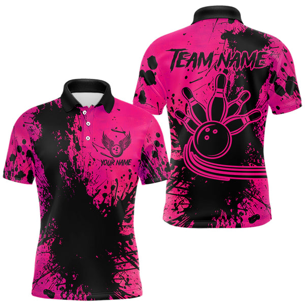 Black and Pink Mens Bowling Polo, Quarter Zip Shirts Custom Bowling Team League Jerseys NQS9570