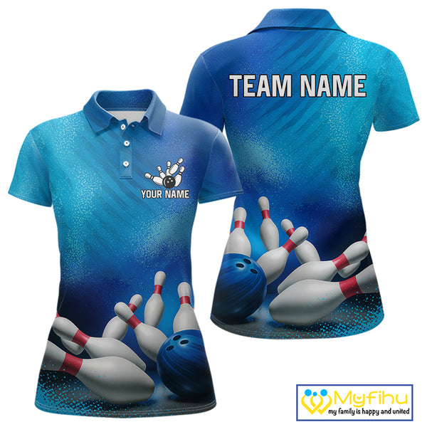 Custom Blue Bowling Team Women Polo, Quarter-Zip Shirts, custom bowling jersey with name NQS10282