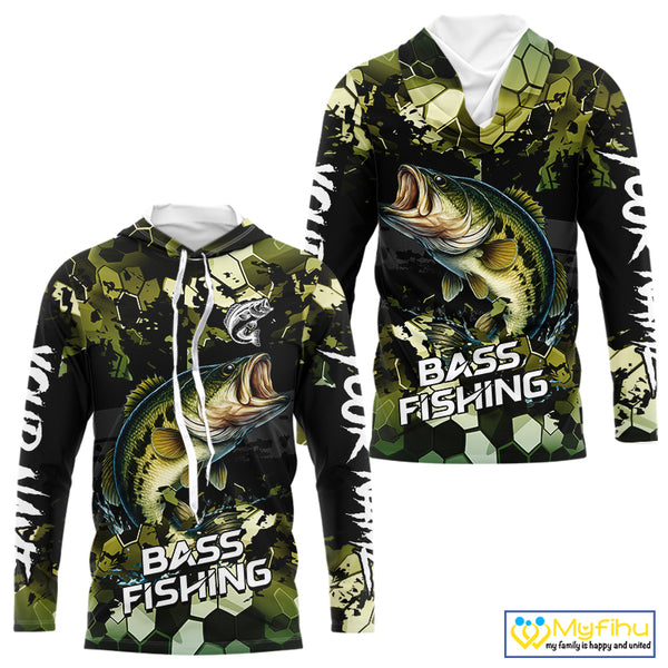 Green Camo Largemouth Bass fishing sun shirts custom name fishing shirts long sleeve uv protection NQS10284