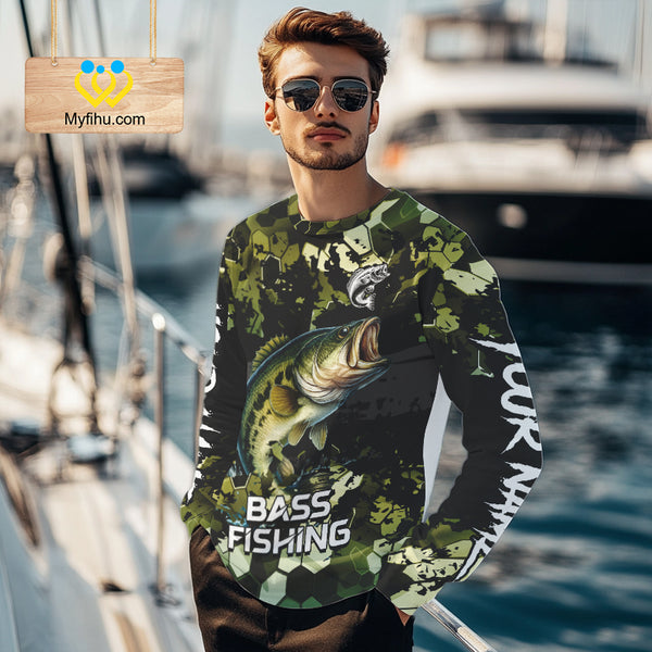Green Camo Largemouth Bass fishing sun shirts custom name fishing shirts long sleeve uv protection NQS10284