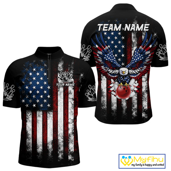Vintage American Flag Eagle Black Bowling Shirts for Men Custom Patriotic Team Bowling Jerseys NQS10501