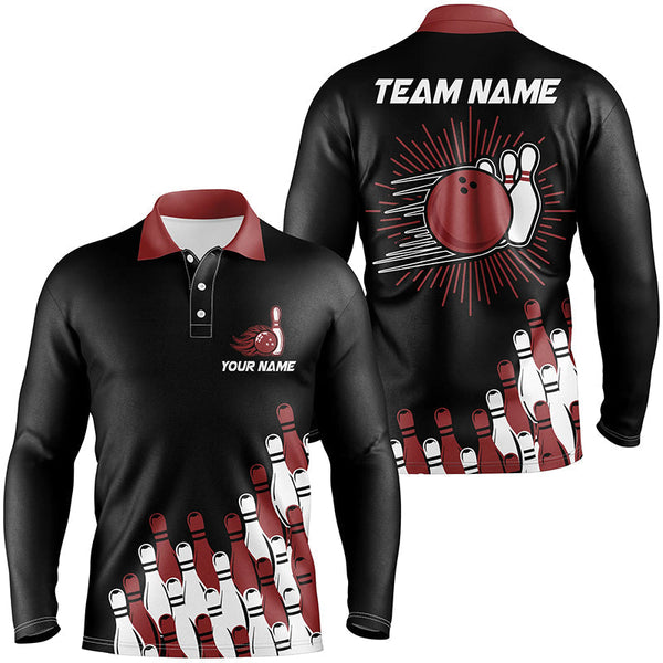 Black retro bowling team shirt custom Men Bowling Polo Shirt, bowling gifts for him | Red NQS7054