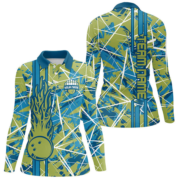 Green flame bowling ball camo custom Womens Bowling Polo Shirts, team bowling jerseys gift for bowler NQS7508