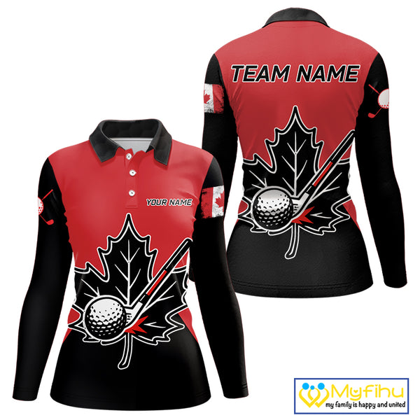 Black and Red maple leaf Womens golf polo shirts custom patriotic Canadian Flag ladies golf attire NQS9993