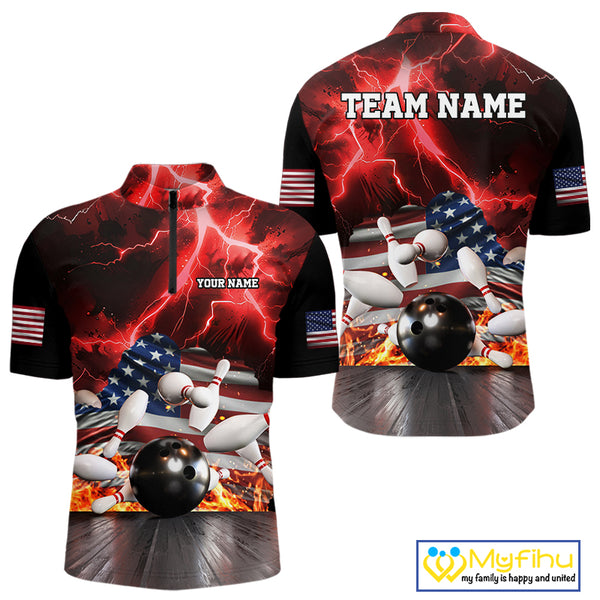 Red Lightning thunder storm American Flag Bowling Shirts For Men Custom Bowling Team League Jerseys NQS10290