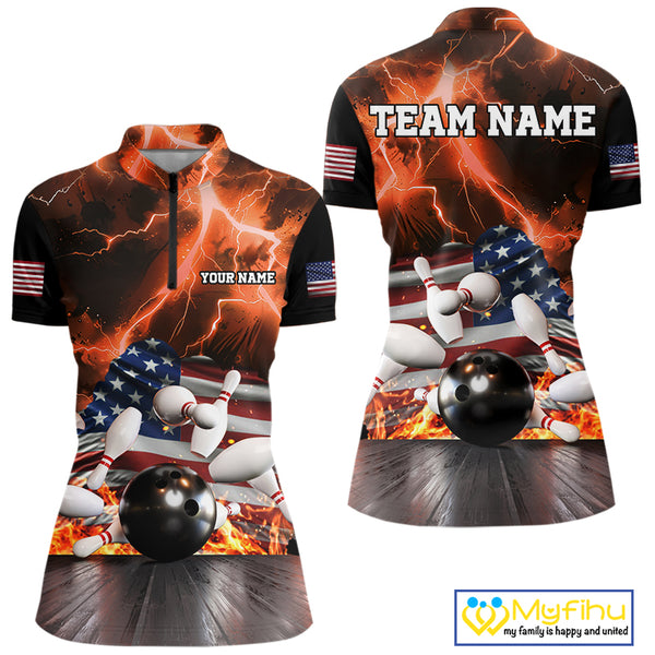 Orange Lightning thunder American Flag Bowling Shirt For Women Custom Bowling Team League Jersey NQS10291