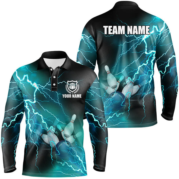 Mens bowling shirts Custom cyan blue lightning thunder Bowling Team Jersey, gift for team Bowlers NQS8316