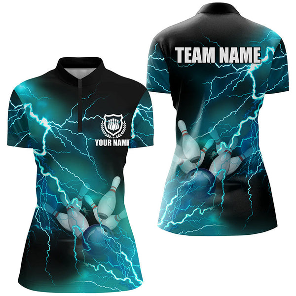 Women bowling shirts Custom cyan blue lightning thunder Bowling Team Jersey, gift for team Bowlers NQS8316