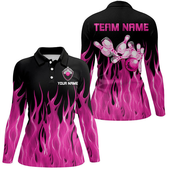 Personalized Women Polo, 1/4 Zip Bowling Shirt pink Flame Bowling Ball Pins bowling jersey for Bowler NQS8516