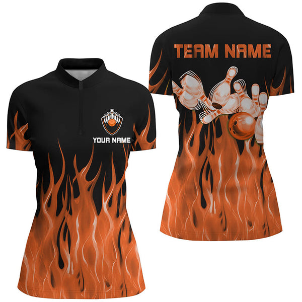 Personalized Women Polo, 1/4 Zip Bowling Shirt Orange Flame Bowling Ball Pin bowling jersey for Bowler NQS8518