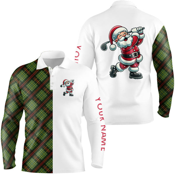 Green Plaid Christmas pattern Santa Golf Polo Shirt For Men custom Xmas golf top for mens NQS8996